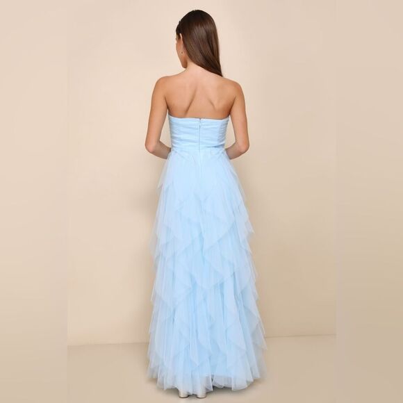NWT Lulus Delightful Beauty Blue Mesh Strapless Ruched Ruffled Maxi Dress Size L - Picture 3 of 12